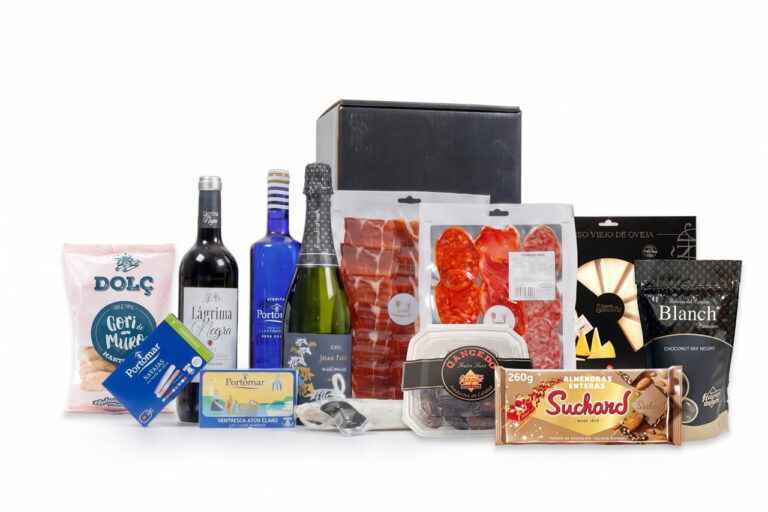 Cesta de Navidad Gregal con sobres de ibéricos, conservas, vinos y cava