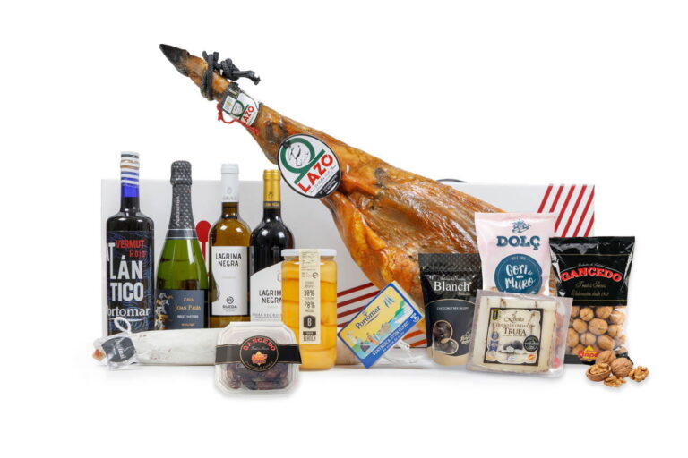 Cesta de Navidad Rosa dels Vents con jamón ibérico de bellota Lazo, vinos, cava y conservas